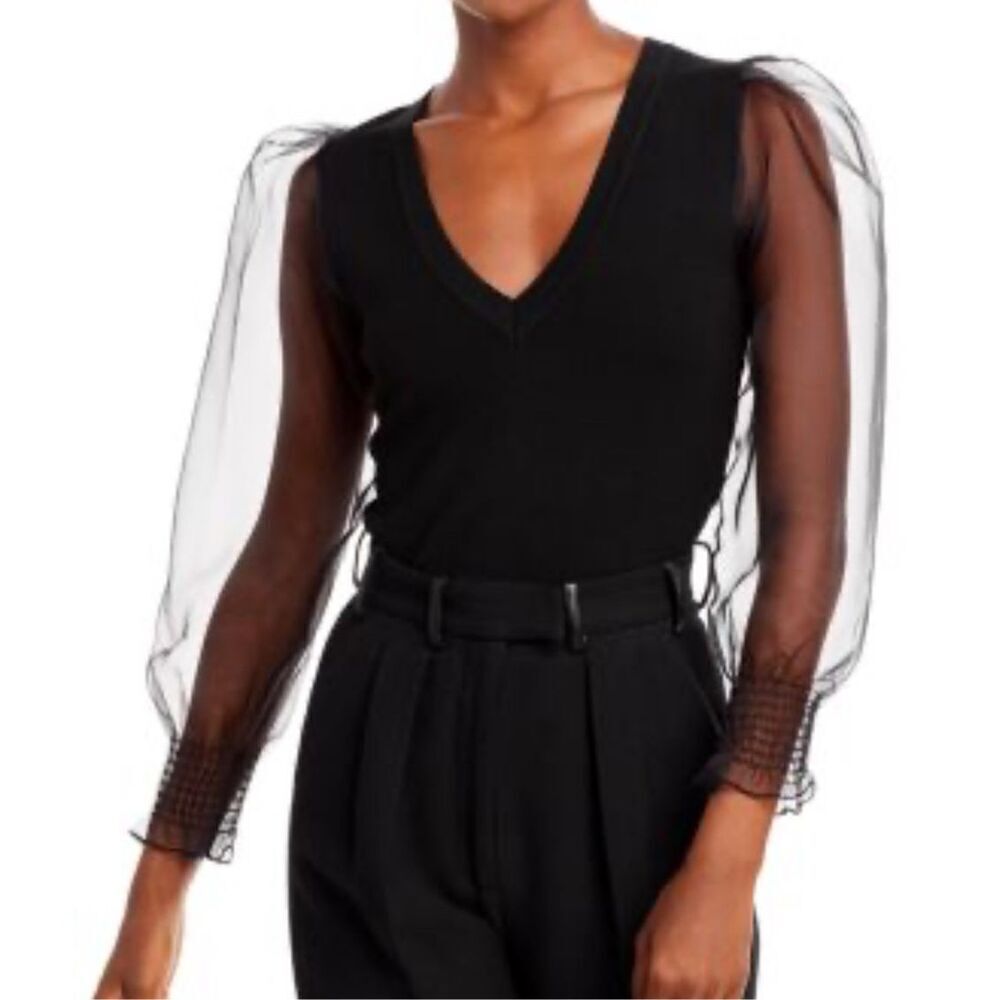 NWT Aqua Black Transparent Puff Sleeve Knit V Neck Blouse Size Small